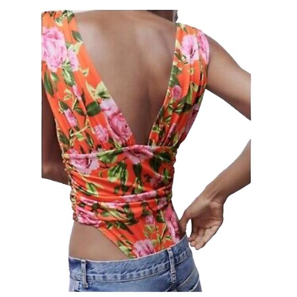 Zara Womens Rose Floral Printed Draped Bodysuit High Cut Medium New - Picture 12 of 13